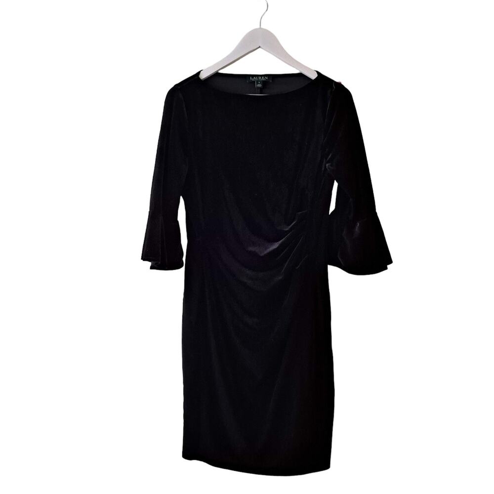 Lauren Ralph Lauren Womens Velvet Boat Neck Bell Sleeve Sheath Dress Black Sz 8